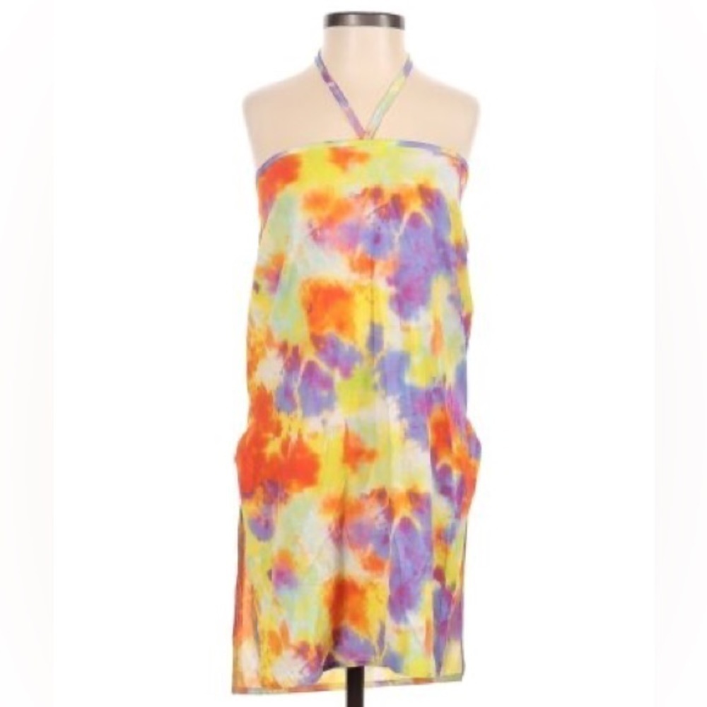 Boohoo Womens Sz 4 Halter Top Mini Dress Yellow Orange Purple Tie Dye Slit Sides